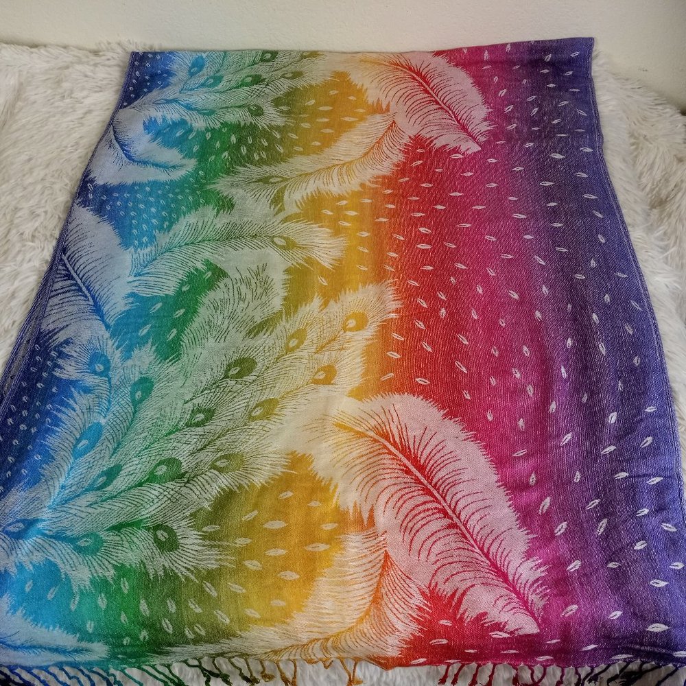 Pashmina Wrap Shawl Peacock Feathers  Rainbow colors 68 X 27